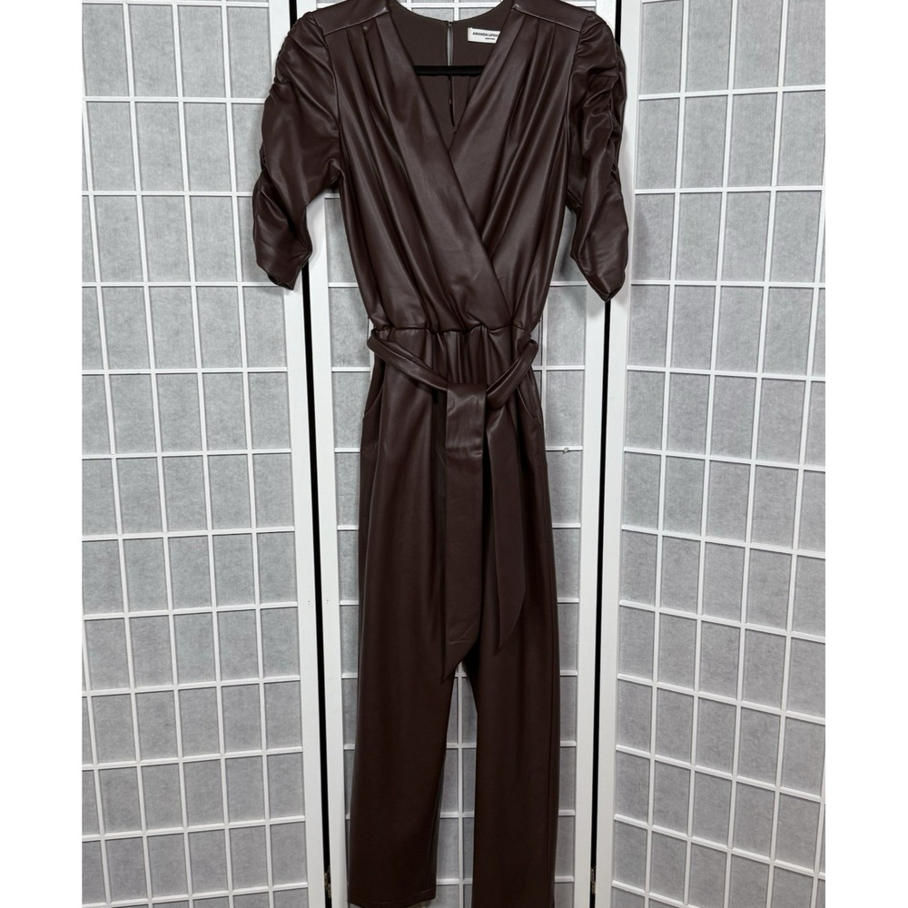 Amanda Uprichard Jumpsuit Womens Small Brown Faux Leather Tie Waist